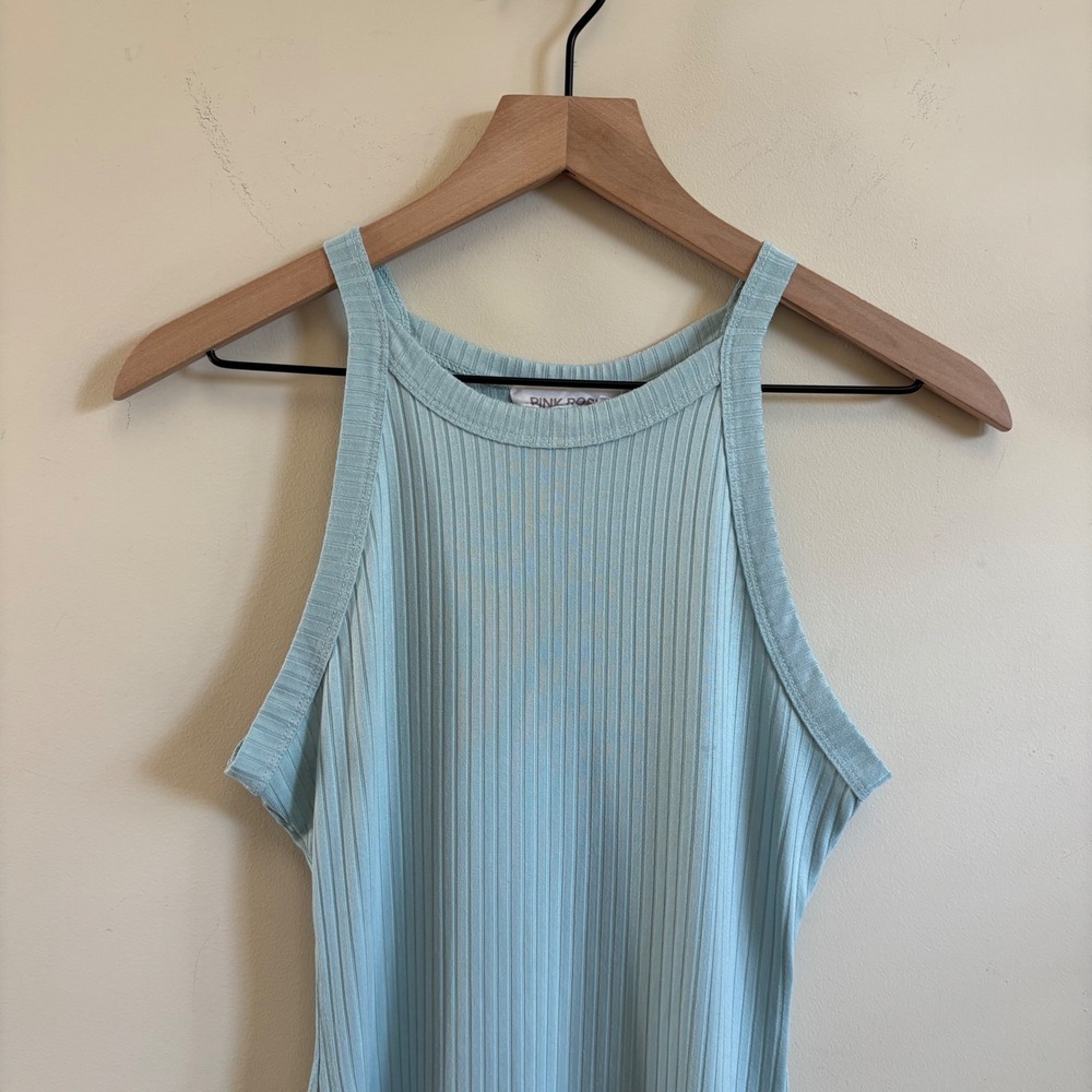 Pink Rose Light Blue Ribbed High Neck Racerback Bodycon Maxi Dress Medium